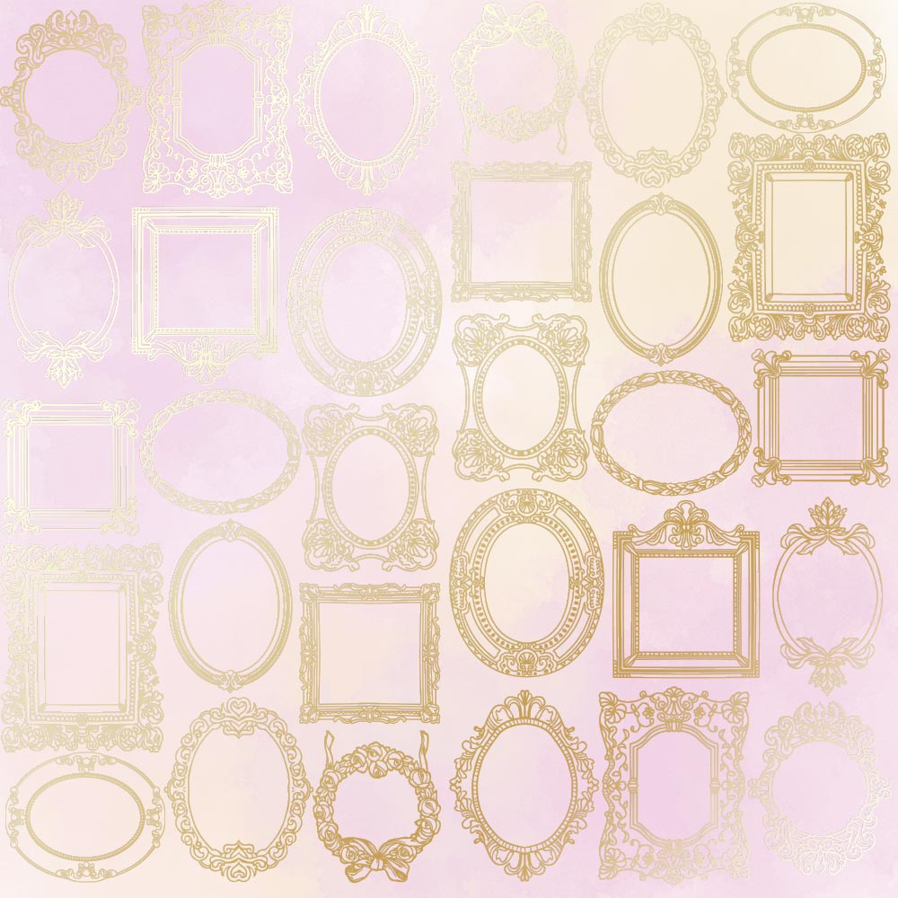 Einseitig bedruckter Papierbogen mit Goldfolienprägung, Muster "Goldene Rahmen, Farbe Rosa-Gelb-Aquarell" - Fabrika Decoru