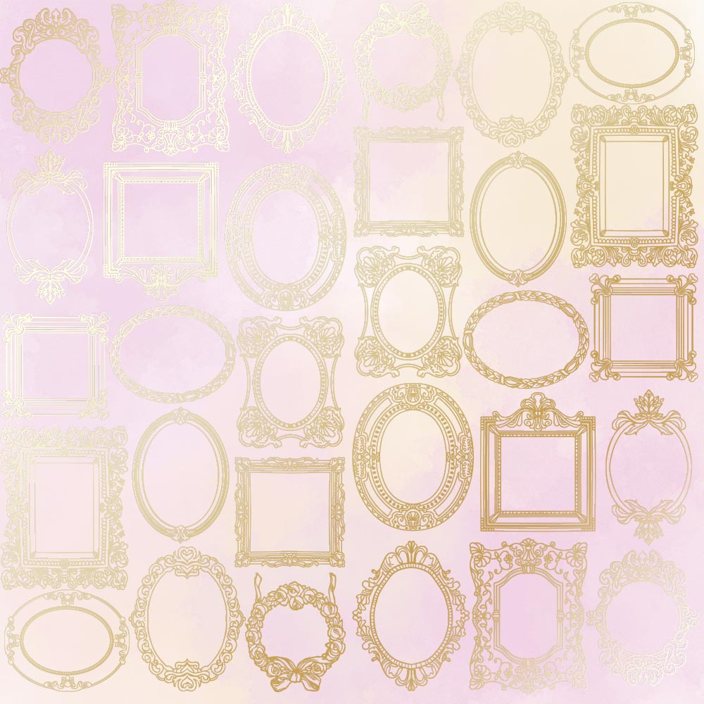 Sheet of single-sided paper with gold foil embossing, pattern "Golden Frames, color Pink yellow watercolor"