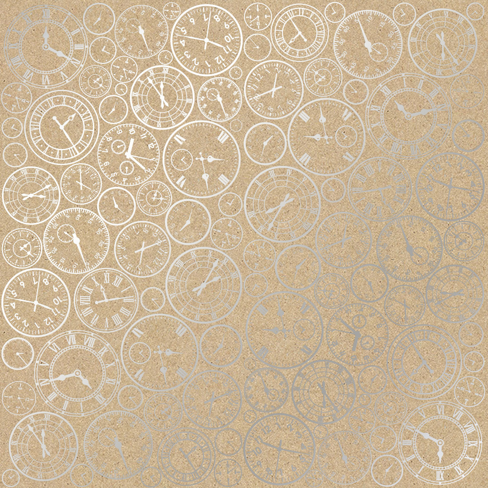 Sheet of single-sided paper embossed with silver foil, pattern Silver Clocks Kraft 12"x12" 