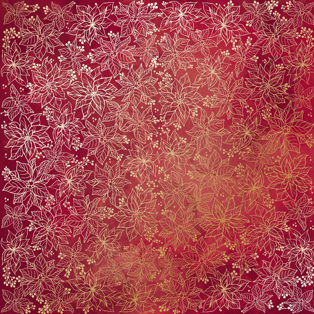 Sheet of single-sided paper with gold foil embossing, pattern Golden Poinsettia Burgundy aquarelle, 12"x12"