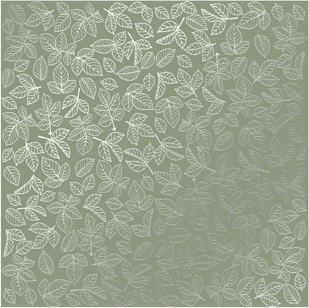 Sheet of single-sided paper embossed by silver foil Silver Rose leaves, color Olive 12"x12" 