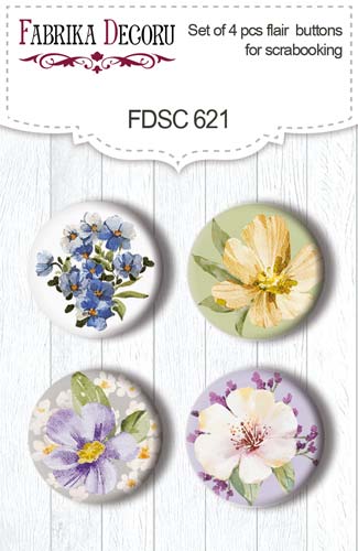Set mit 4 Flair-Buttons zum Scrapbooking, Floral Sentiments, #621 - Fabrika Decoru