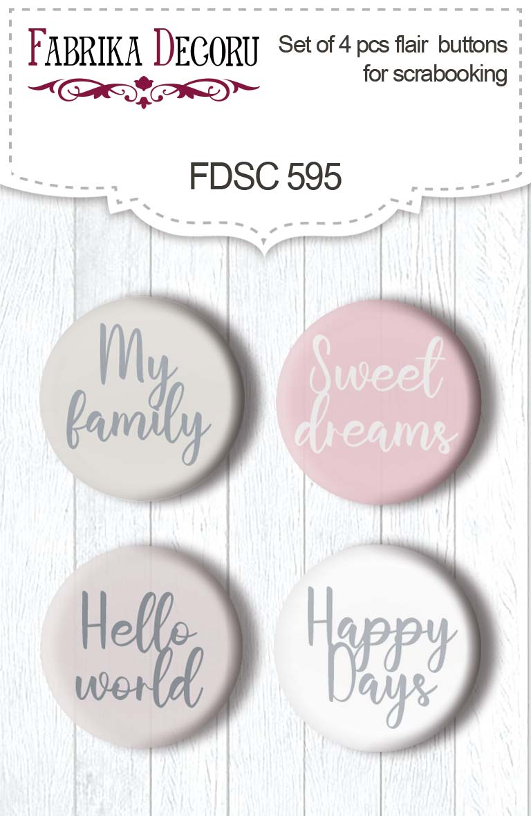 Set mit 4 Flair-Buttons zum Scrapbooking Boho Baby Girl #595 - Fabrika Decoru