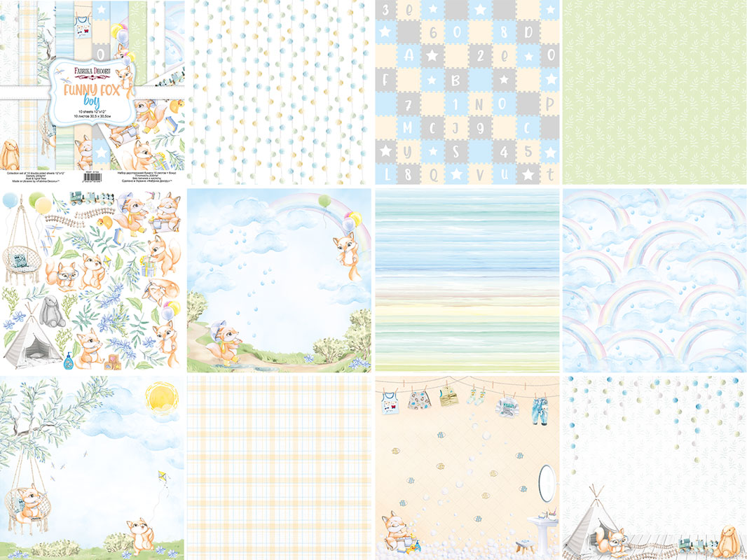 Double-sided scrapbooking paper set Funny fox boy 8"x8", 10 sheets - foto 0