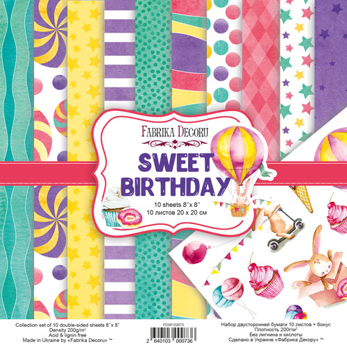 Doppelseitiges Scrapbooking-Papierset Sweet Birthday, 20 cm x 20 cm, 10 Blätter - Fabrika Decoru