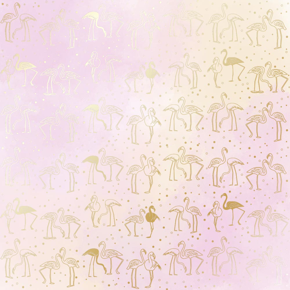 Blatt einseitig bedrucktes Papier mit Goldfolienprägung, Muster Goldener Flamingo, Farbe Rosa, Gelb, Aquarell, 12"x12" - Fabrika Decoru