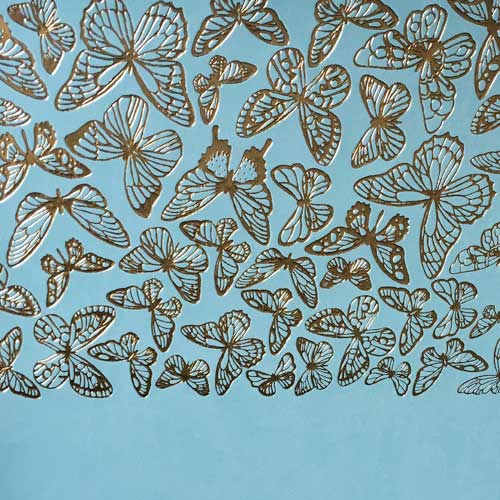 Piece of PU leather with gold stamping, pattern Golden Butterflies Blue, 50cm x 25cm - foto 1