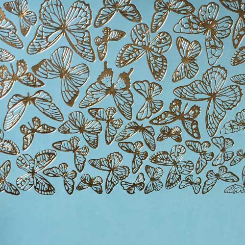 Skóra PU do oprawiania ze złotym tłoczeniem, wzór Golden Butterflies Blue, 50cm x 25cm  - foto 1  - Fabrika Decoru