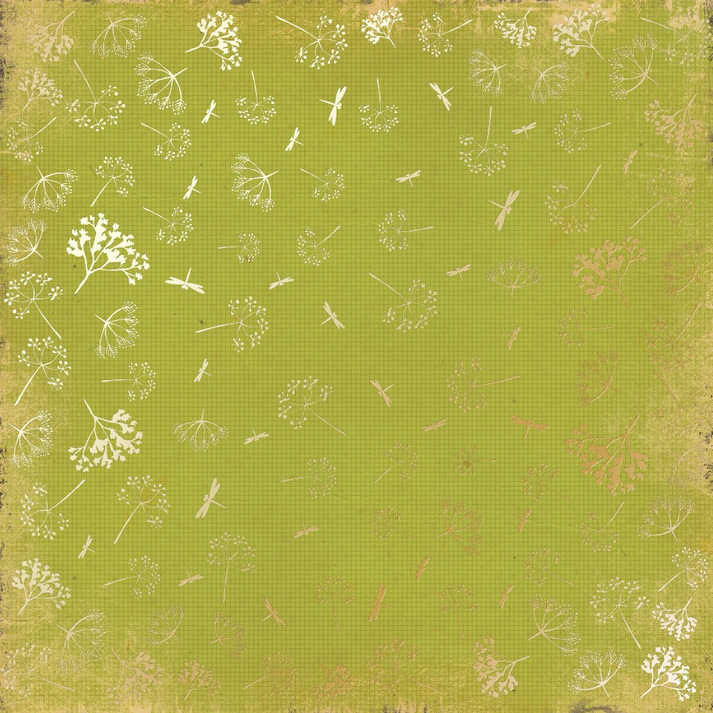 Sheet of single-sided paper with gold foil embossing, pattern Golden Dill Botany summer, 12"x12"