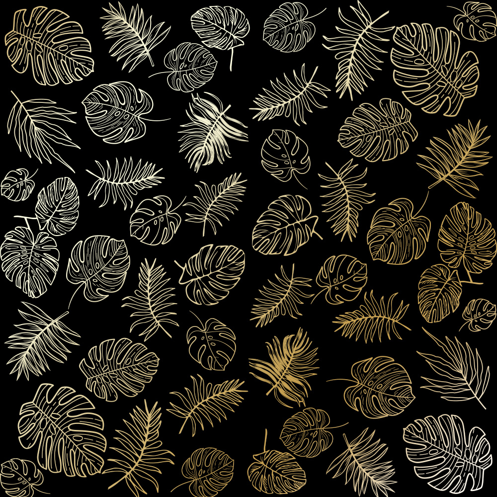 Blatt aus einseitigem Papier mit Goldfolienprägung, Muster Golden Tropical Leaves Black, 12"x12" - Fabrika Decoru