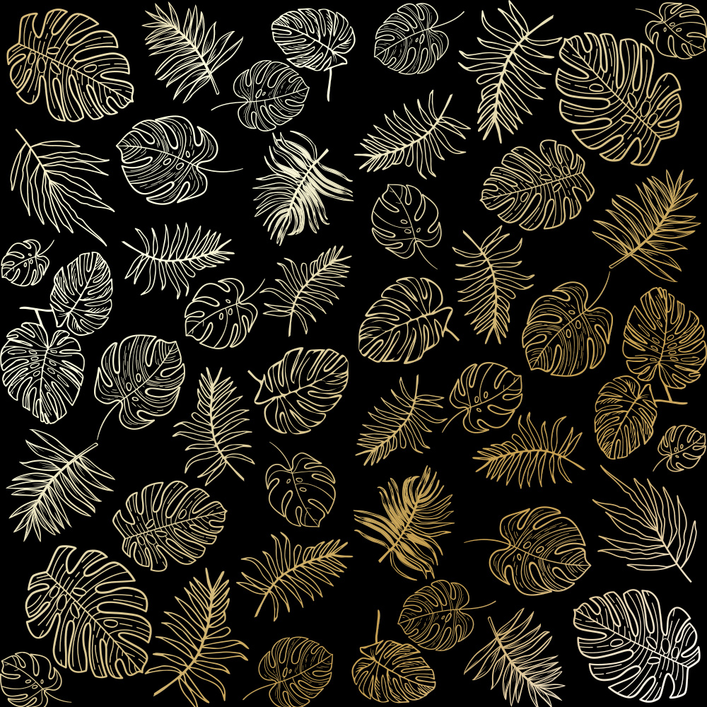 Sheet of single-sided paper with gold foil embossing, pattern Golden Tropical Leaves Black, 12"x12"