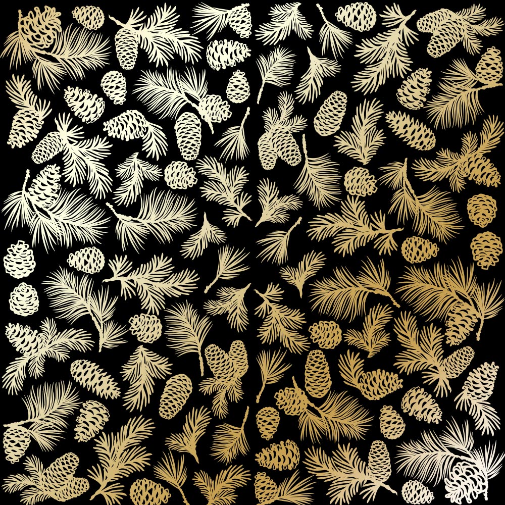 лист односторонней бумаги с фольгированием, дизайн golden pine cones black, 30,5см х 30,5см