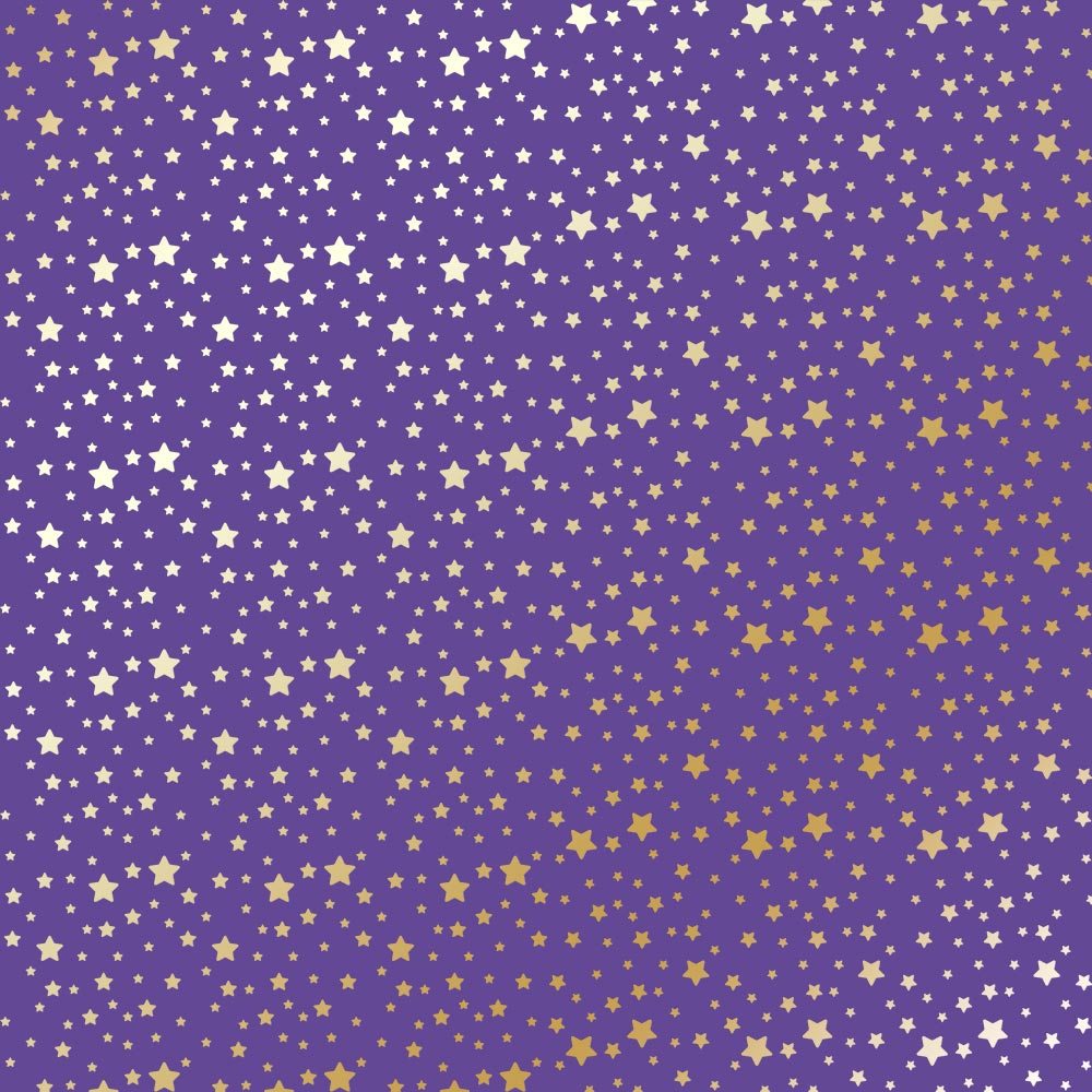 Blatt einseitig bedrucktes Papier mit Goldfolienprägung, Muster Goldene Sterne, Farbe Lavendel, 12"x12" - Fabrika Decoru