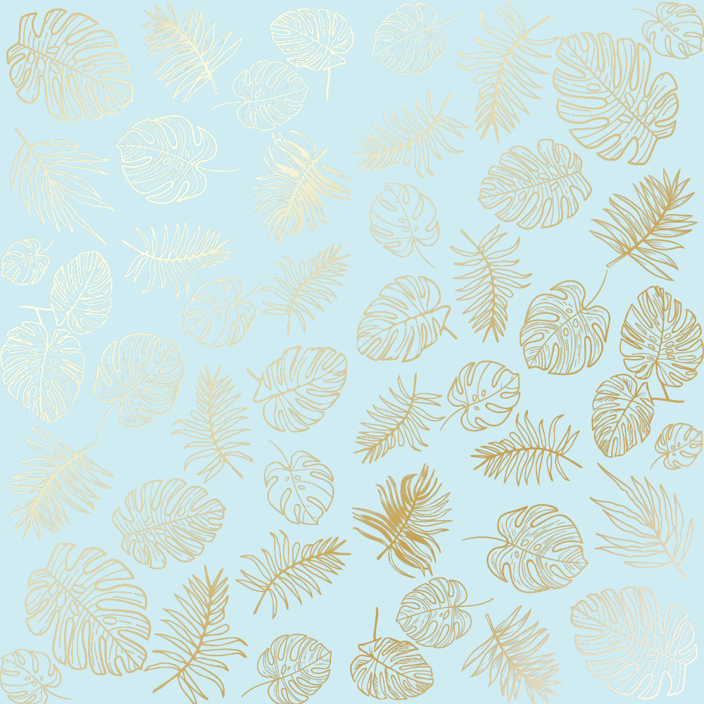 лист односторонней бумаги с фольгированием, дизайн "golden tropical leaves blue, 30,5см х 30,5 см