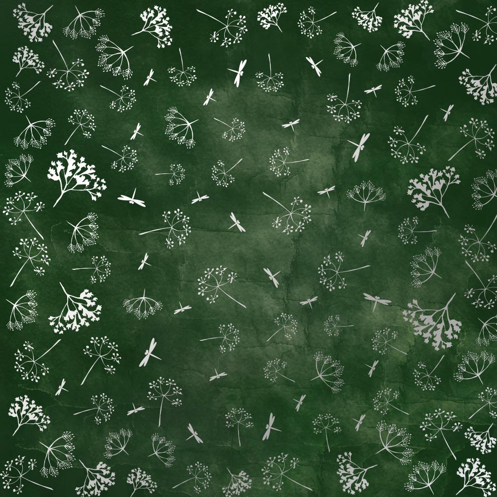 Einseitig bedrucktes Blatt Papier mit Silberfolie, Muster Silber Dill, Farbe Dunkelgrünes Aquarell 12"x12" - Fabrika Decoru