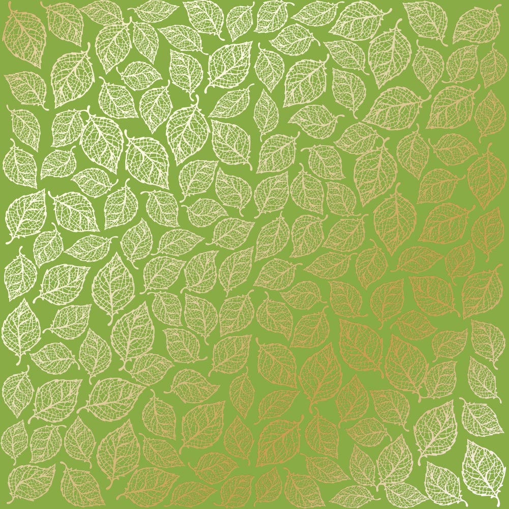 Sheet of single-sided paper with gold foil embossing, pattern Golden Leaves mini, color Bright green