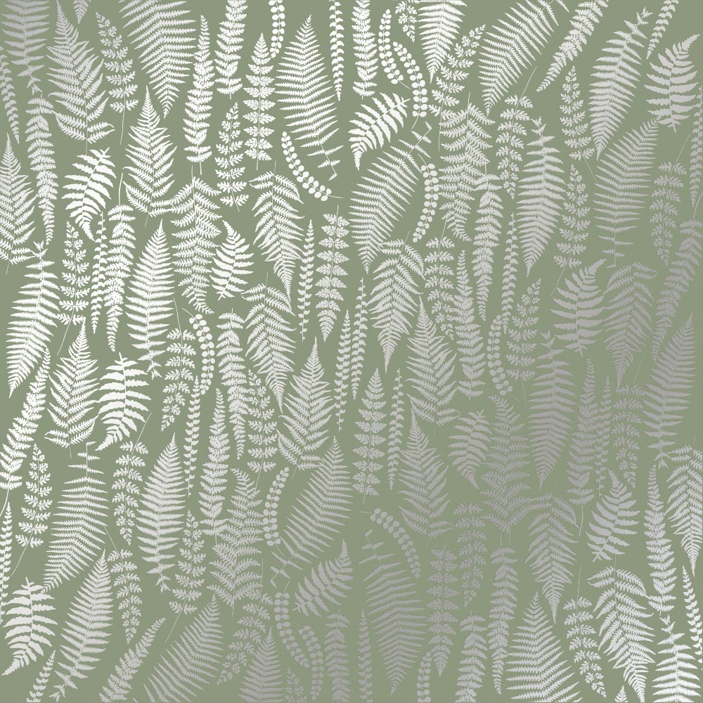 Sheet of single-sided paper embossed with silver foil, pattern Silver Fern, color Olive 12"x12" 