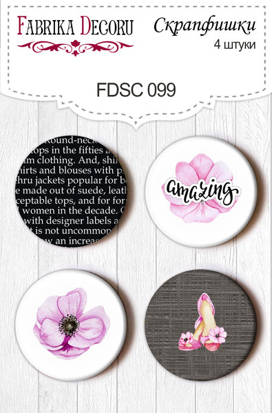 Set mit 4 Flair-Buttons für Scrapbooking #099 - Fabrika Decoru