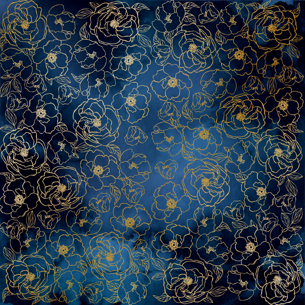 Sheet of single-sided paper with gold foil embossing, pattern Golden Pion Night garden, 12"x12"