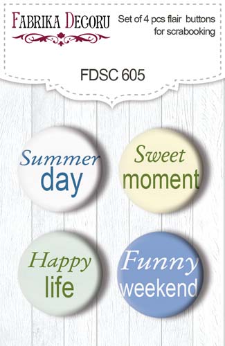 Set mit 4 Flair-Buttons zum Scrapbooking Summer meadow EN #605 - Fabrika Decoru