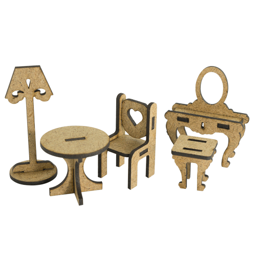 3D figures for decorating dollhouses and shadow boxes, Table, Floor lamp, Pouf, Chair, Pier glass, Set #54