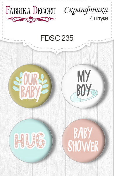 Set mit 4 Flair-Buttons zum Scrapbooking „Scandi Baby Boy 2“ EN #235 - Fabrika Decoru