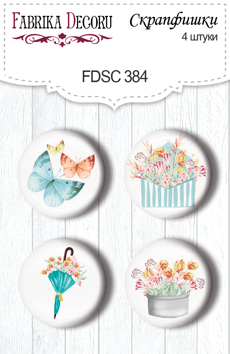 Set mit 4 Stk. Flair Buttons für Scrapbooking Frühlingsduft 1 #384 - Fabrika Decoru