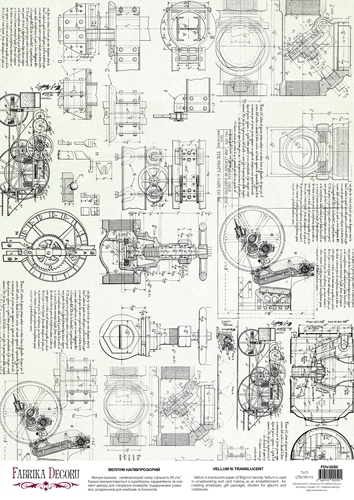 Arkusz kalki z nadrukiem, Deco Vellum, format A3 (11,7" х 16,5"), "Vintage Technical drawings" - Fabrika Decoru