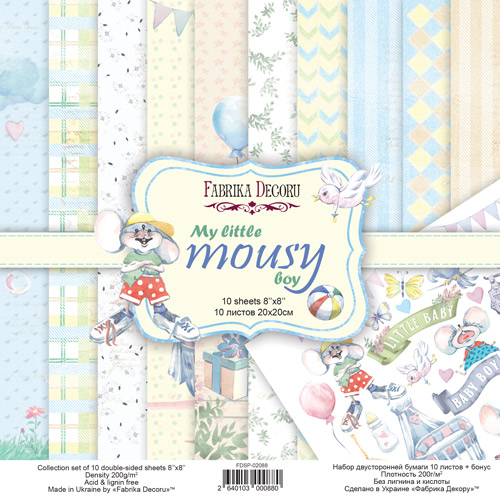 Doppelseitiges Scrapbooking-Papierset My little mousy boy 20 cm x 20 cm, 10 Blätter - Fabrika Decoru