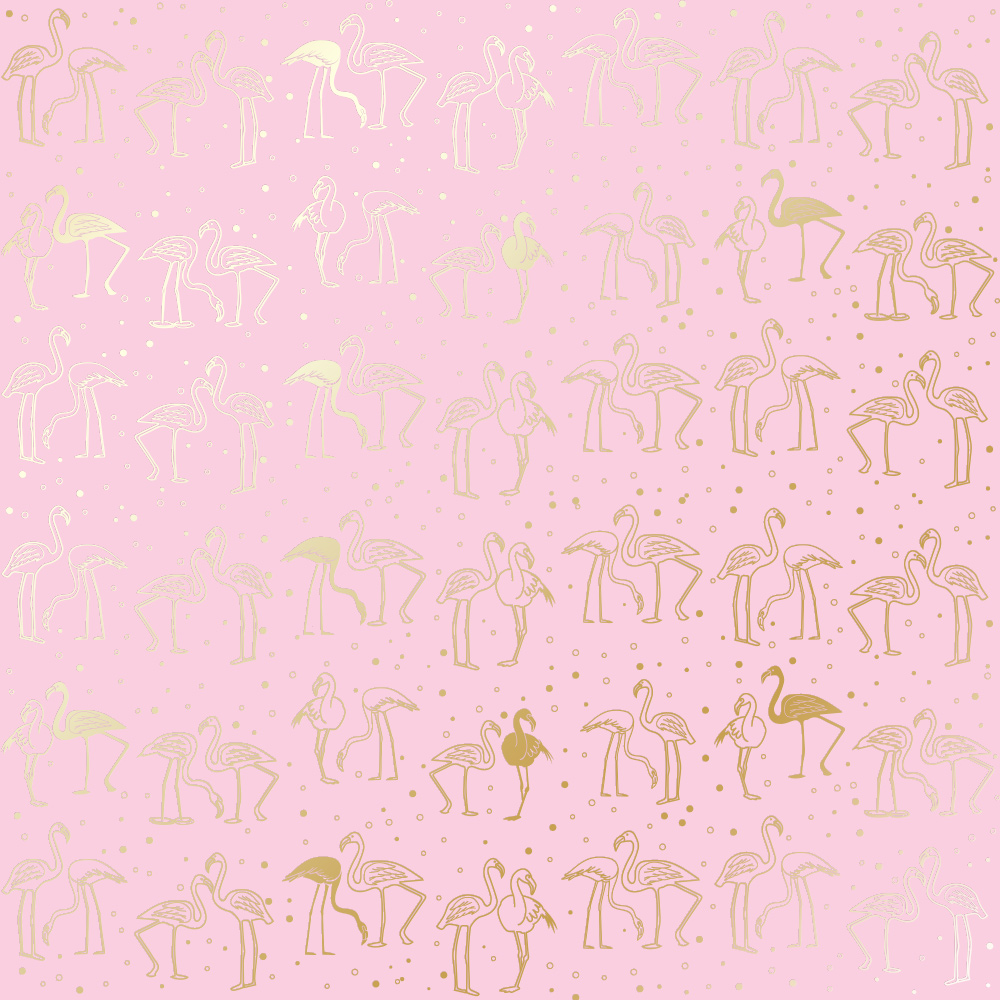 Sheet of single-sided paper with gold foil embossing, pattern Golden Flamingo Pink, 12"x12"