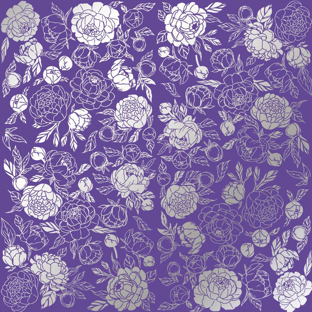 Einseitig bedrucktes Blatt Papier mit Silberfolie, Muster Silberpfingstrose Leidenschaft Lavendel 12"x12" - Fabrika Decoru