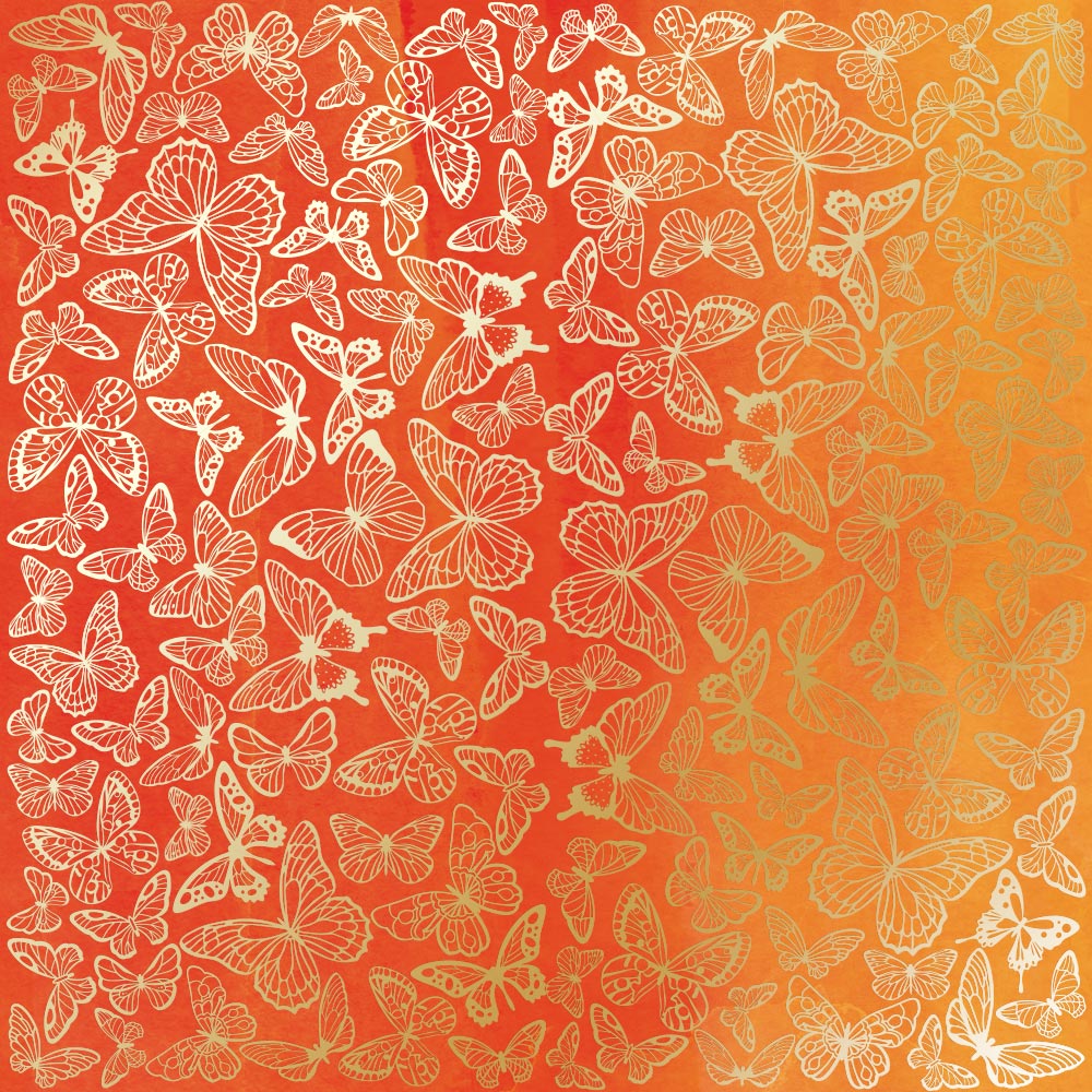 Einseitig bedruckter Papierbogen mit Goldfolienprägung, Muster "Goldene Schmetterlinge, Farbe Gelb-Orange Aquarell" - Fabrika Decoru
