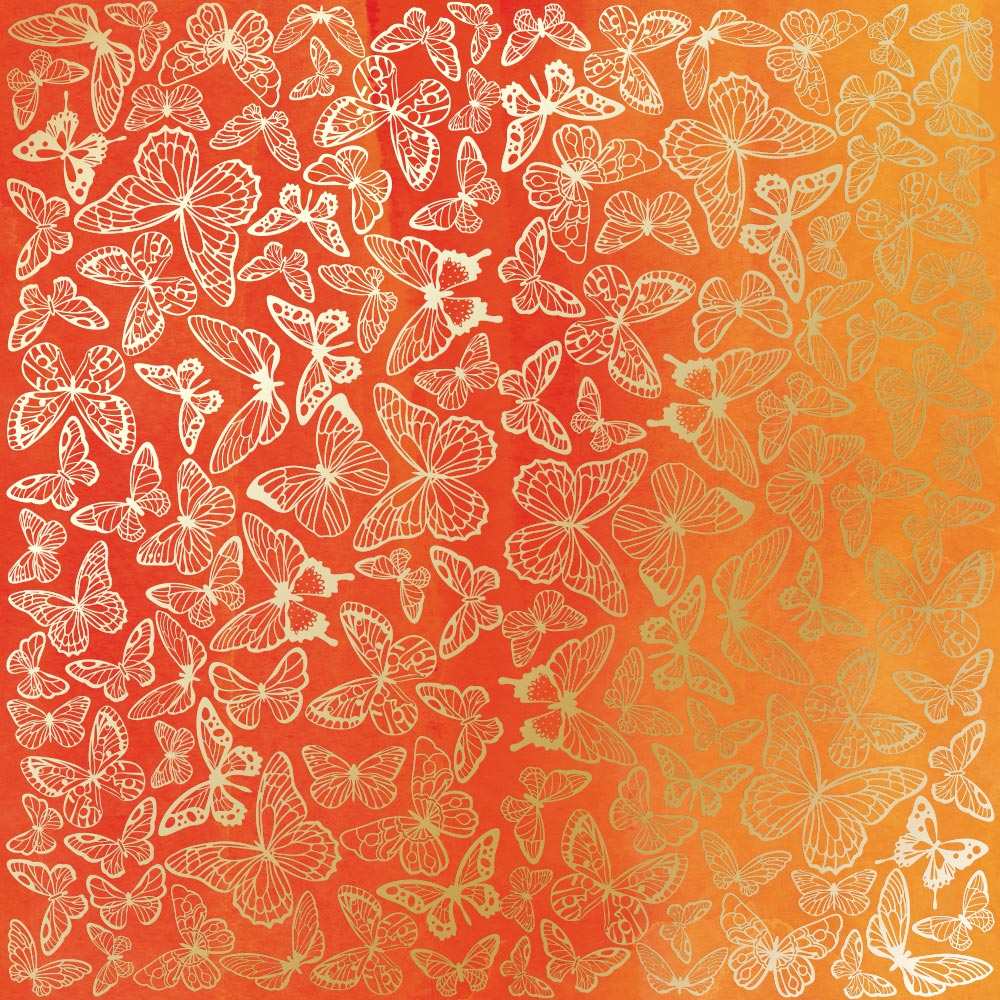 Sheet of single-sided paper with gold foil embossing, pattern "Golden Butterflies, color Yellow-orange aquarelle"