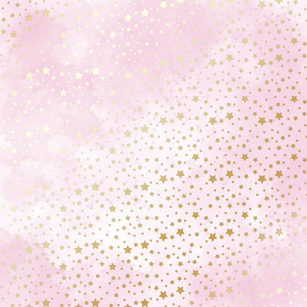 Blatt aus einseitigem Papier mit Goldfolienprägung, Muster Goldene Sterne, Farbe Pink Shabby Aquarell, 12"x12" - Fabrika Decoru