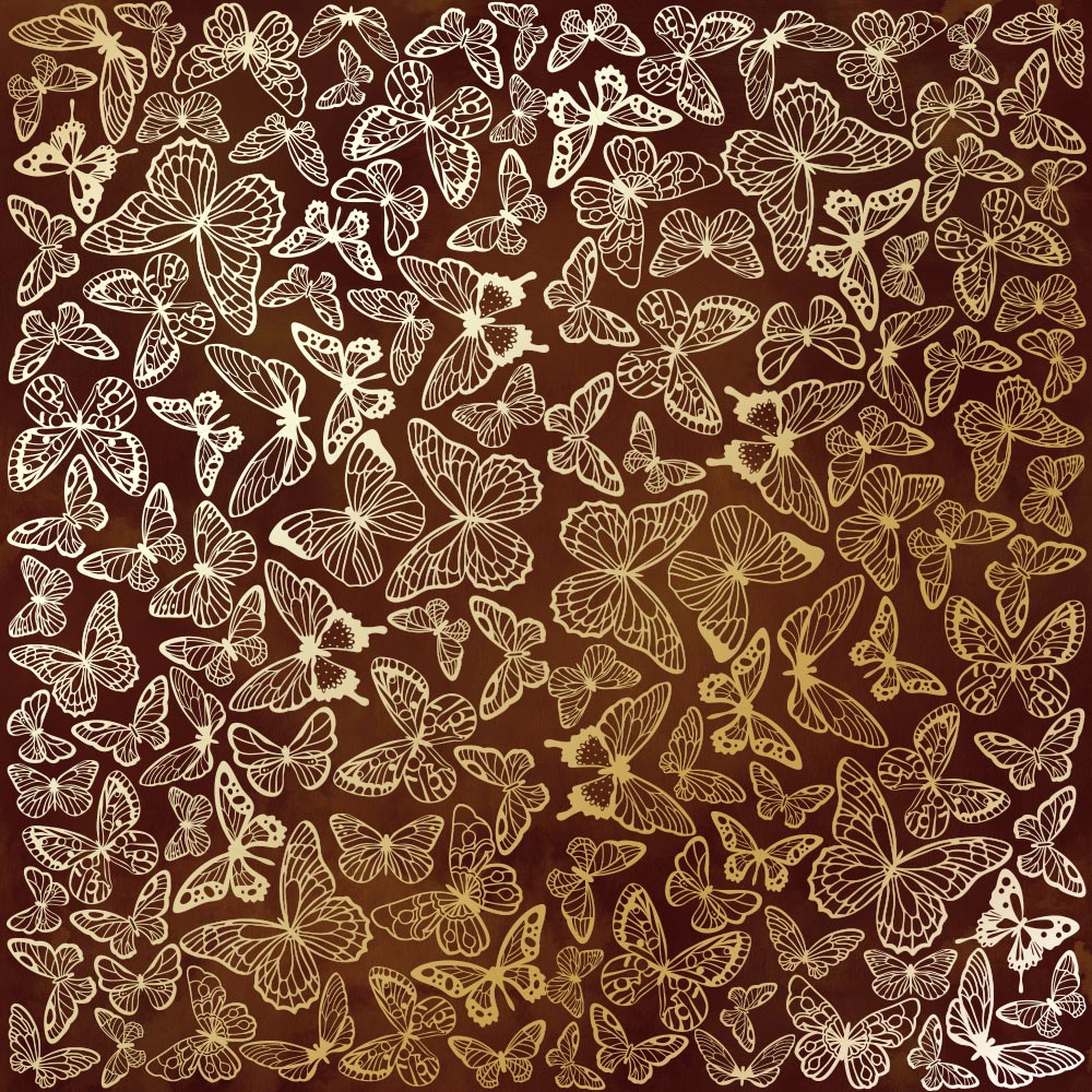 лист односторонней бумаги с фольгированием, дизайн golden butterflies, color brown aquarelle, 30,5см х 30,5см