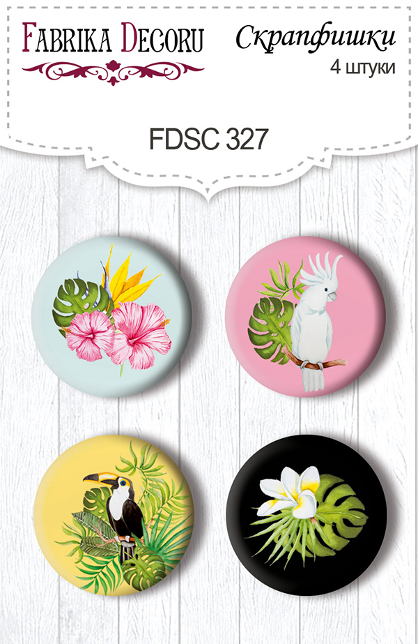 Zestaw 4 ozdobnych buttonów "Wild Tropics" #327 - Fabrika Decoru