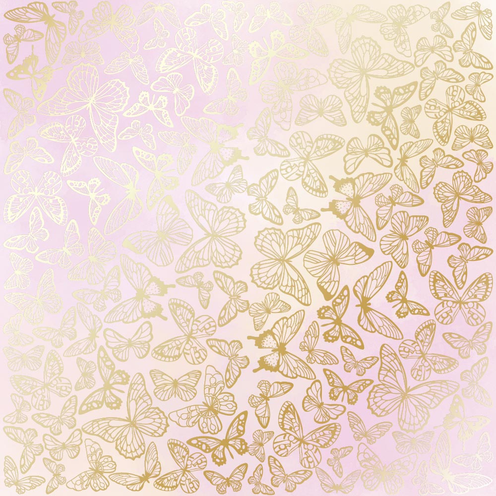 Einseitig bedruckter Papierbogen mit Goldfolienprägung, Muster "Goldene Schmetterlinge, Farbe Rosa-Gelb-Aquarell" - Fabrika Decoru