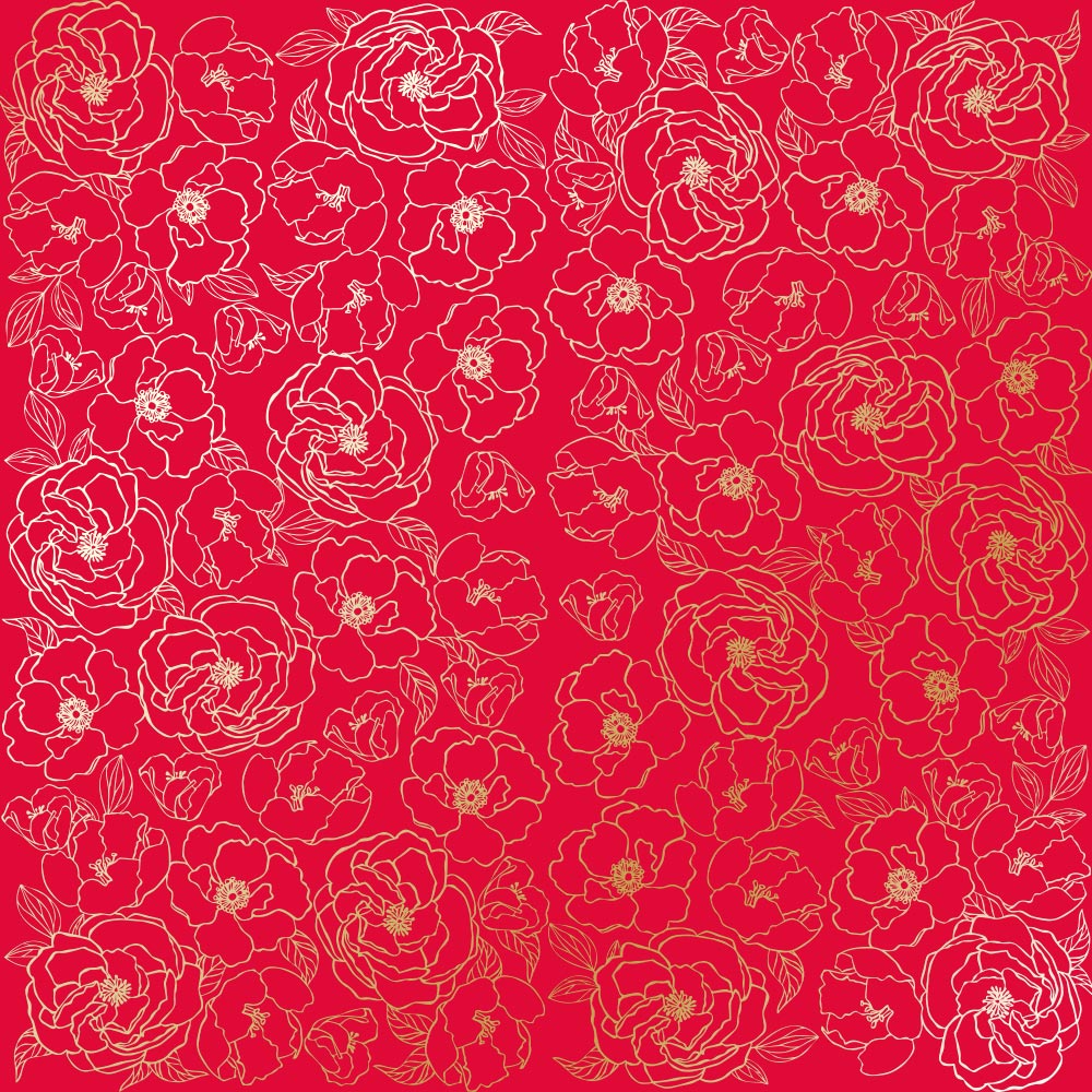 Sheet of single-sided paper with gold foil embossing, pattern Golden Pion, color Poppy red, 12"x12"