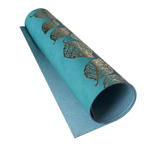 Piece of PU leather for bookbinding with gold pattern Golden Leaves Turquoise, 50cm x 25cm