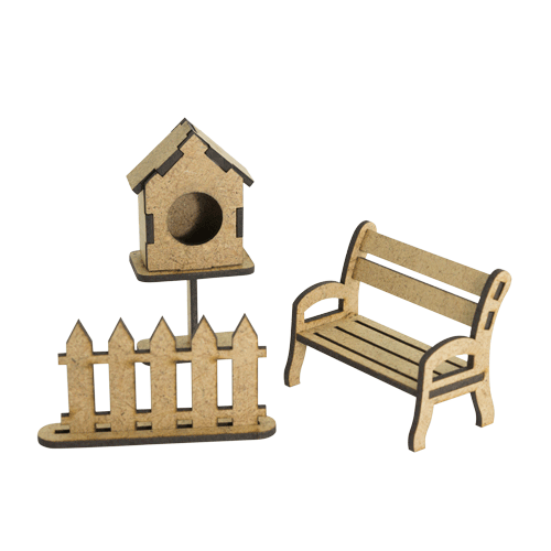 3D figures for decorating dollhouses and shadow boxes, Fence, Bench, Birdhouse, Set #61
