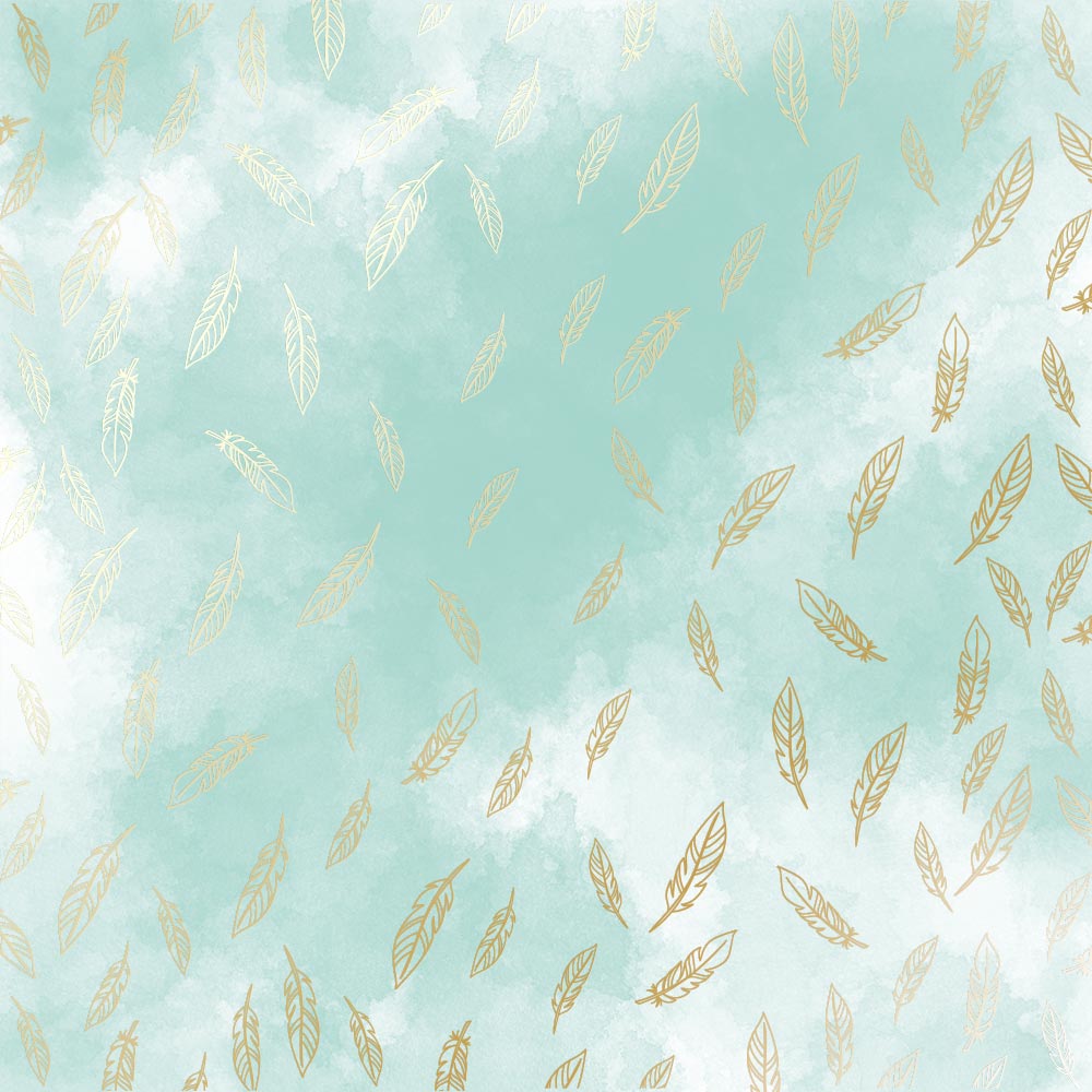 Sheet of single-sided paper with gold foil embossing, pattern Golden Feather, color Azure watercolor, 12"x12"