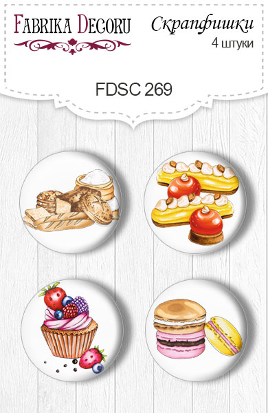 Set mit 4 Flair-Buttons zum Scrapbooking von "Sweets" #269 - Fabrika Decoru