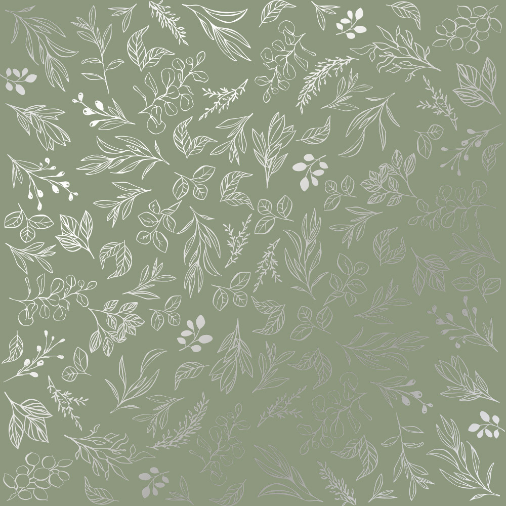 Sheet of single-sided paper embossed with silver foil, pattern Silver Branches Olive 12"x12" 