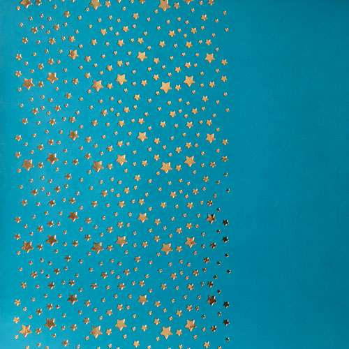 Piece of PU leather for bookbinding with gold pattern Golden Stars Bright blue, 50cm x 25cm - foto 1