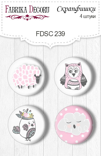 Set mit 4 Flair-Buttons zum Scrapbooking "Scandi Baby Girl 1" #239 - Fabrika Decoru