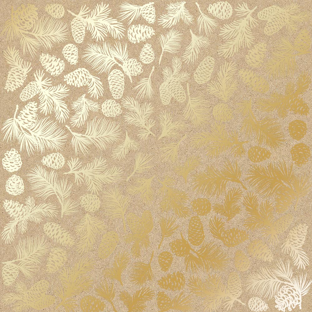 Arkusz papieru jednostronnego wytłaczanego złotą folią, wzór Szyszki Złotej Sosny, Kraft 30,5x30,5cm  - Fabrika Decoru