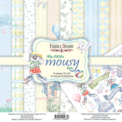 Doppelseitig Scrapbooking Papiere Satz My little mousy boy, 30.5 cm x 30.5cm, 10 Blätter - Fabrika Decoru