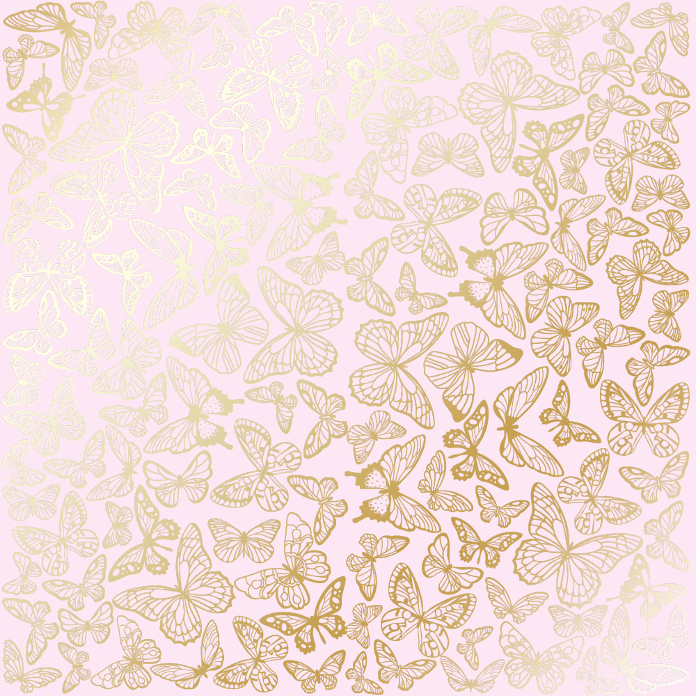 Einseitig bedruckter Papierbogen mit Goldfolienprägung, Muster "Goldene Schmetterlinge Hellrosa" - Fabrika Decoru