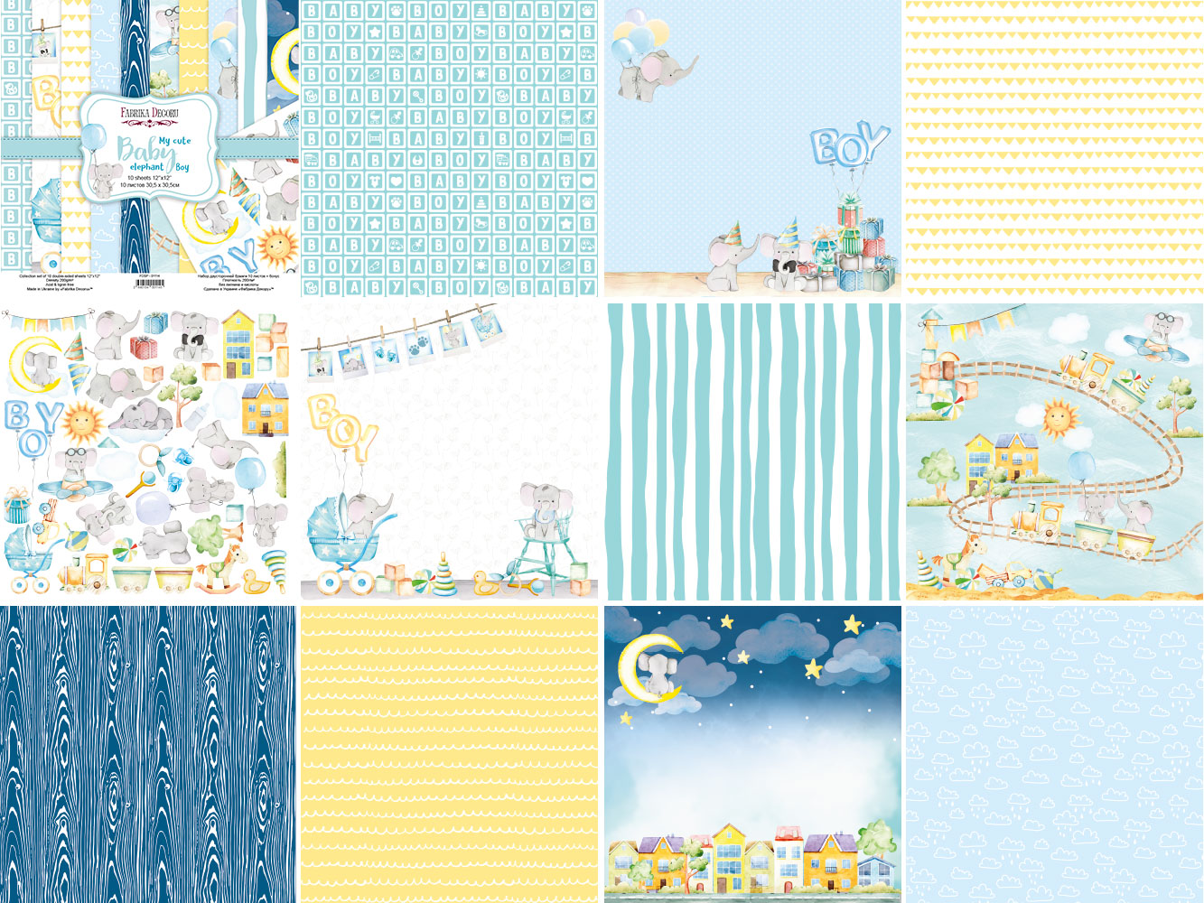 Double-sided scrapbooking paper set My cute Baby elephant boy 12"x12", 10 sheets - foto 0
