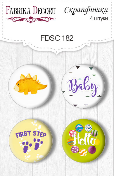 Zestaw 4 ozdobnych buttonów "Dino baby 1" EN #182 - Fabrika Decoru